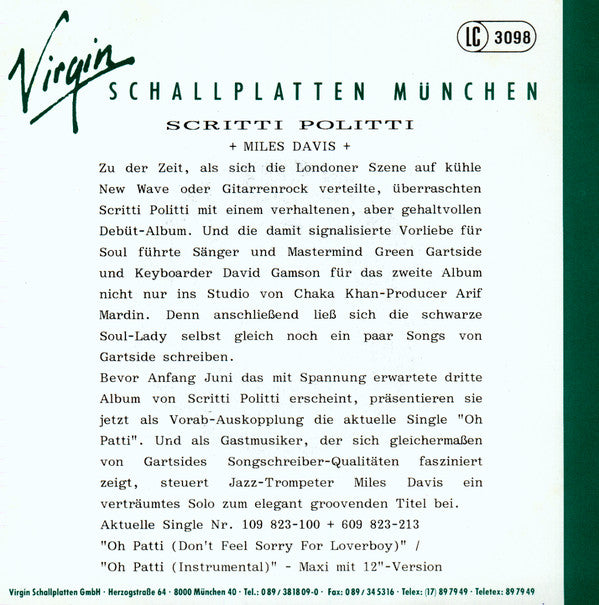 Scritti Politti + Miles Davis : Oh Patti (7",45 RPM,Single,Stereo)