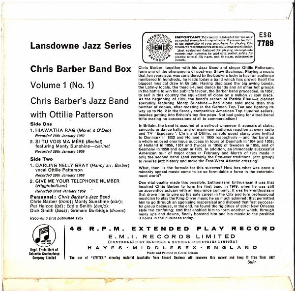 Chris Barber's Jazz Band With Ottilie Patterson : Chris Barber Band Box Vol.1 No.1 (7",45 RPM,EP,Stereo)