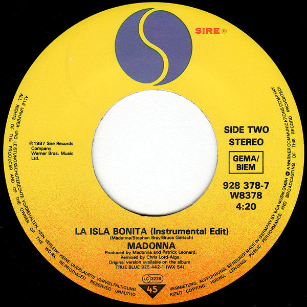 Madonna : La Isla Bonita (7",45 RPM,Single,Stereo)