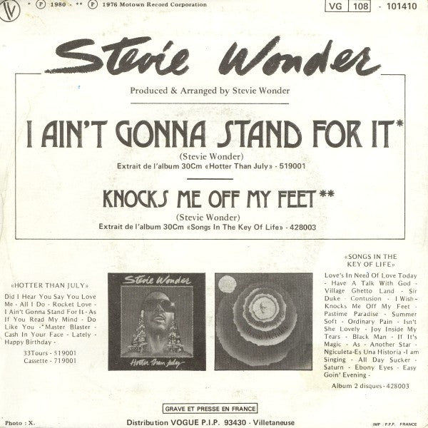 Stevie Wonder : I Ain't Gonna Stand For It (7",45 RPM,Single)