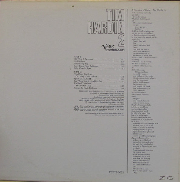 Tim Hardin : Tim Hardin 2 (LP,Album,Stereo)