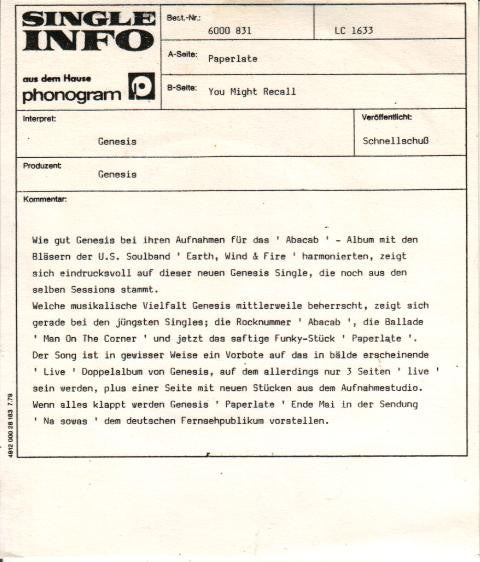 Genesis : Paperlate (7",45 RPM,Single)