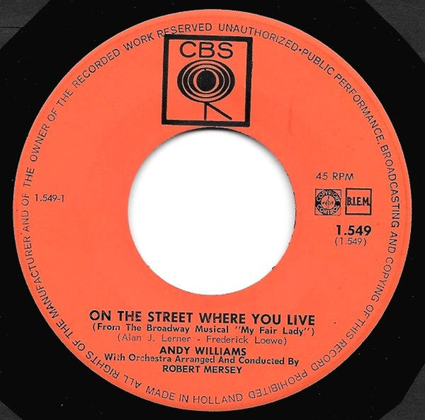Andy Williams : On The Street Where You Live (7", Single)