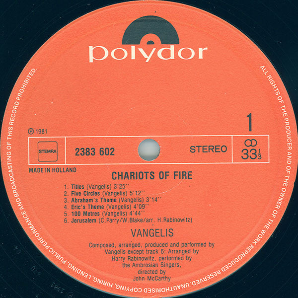 Vangelis : Chariots Of Fire (LP, Album)