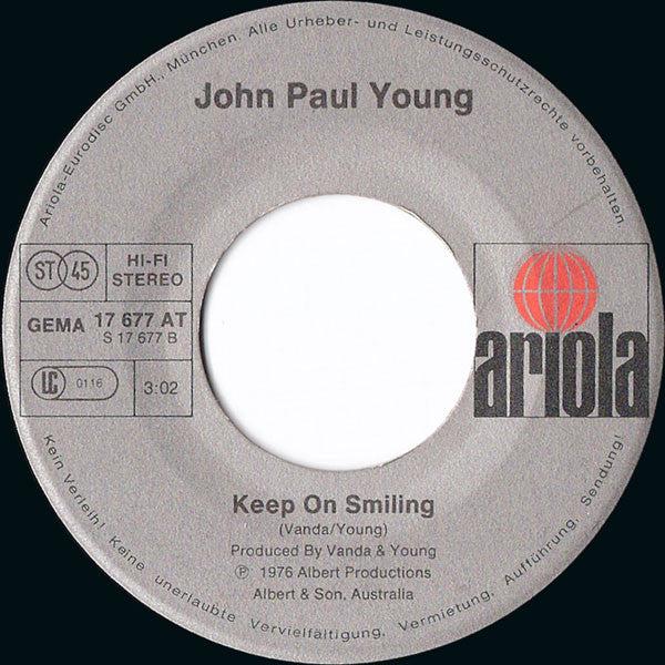 John Paul Young : Standing In The Rain / Keep On Smiling (7",Single,45 RPM)