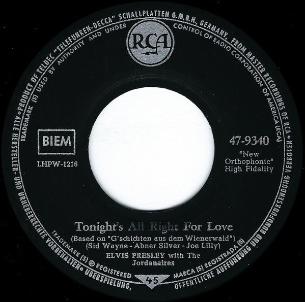 Elvis Presley : Muß I Denn, Muß I Denn (Wooden Heart) / G'schichten Aus Dem Wiener Wald (Tonight's All Right For Love) (7",45 RPM,Single,Reissue,Mono)