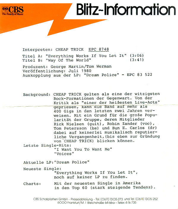 Cheap Trick : Everything Works If You Let It (7",45 RPM,Single,Stereo)