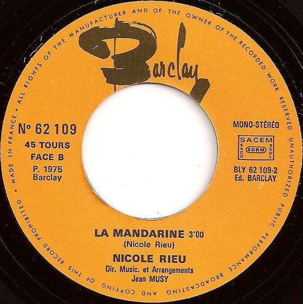 Nicole Rieu : Et Bonjour À Toi L'artiste (7",45 RPM,Single,Stereo)