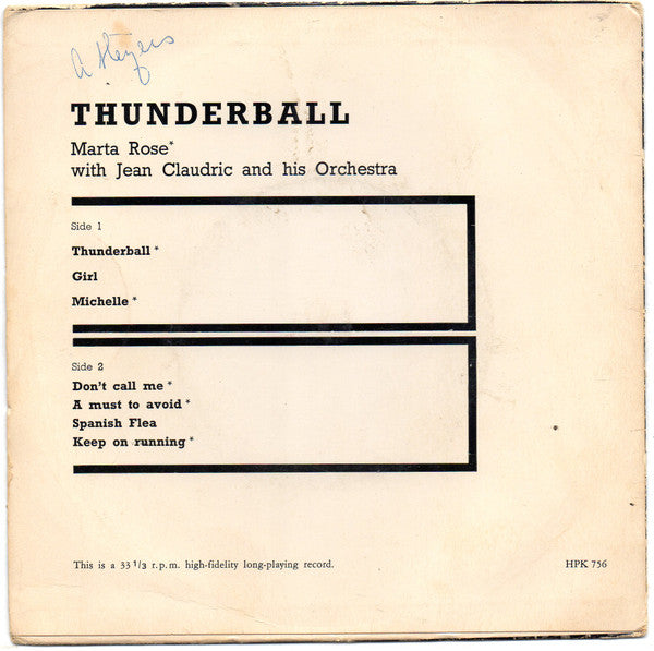 Marta Rose With Jean Claudric Et Son Orchestre : Thunderball (7",33 ⅓ RPM,EP)
