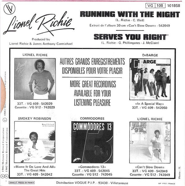 Lionel Richie : Running With The Night / Serves You Right (7",Single,45 RPM)