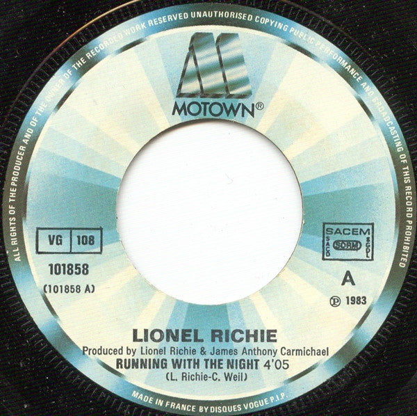 Lionel Richie : Running With The Night / Serves You Right (7",Single,45 RPM)