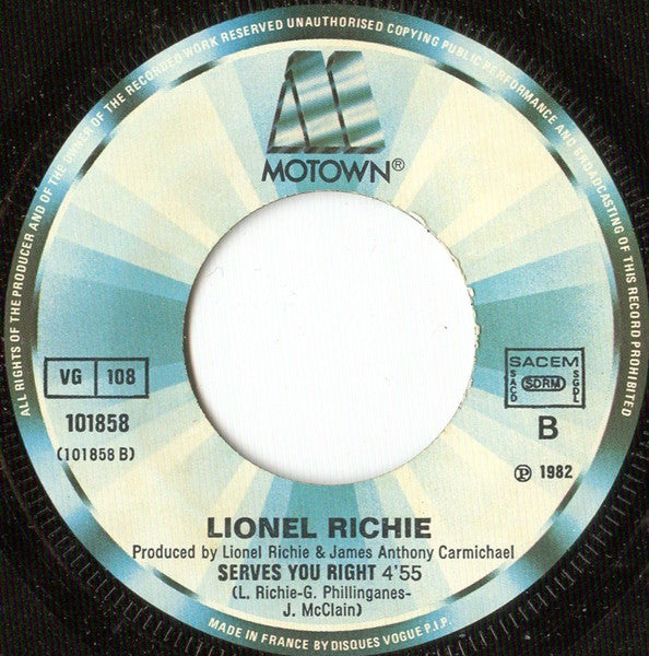 Lionel Richie : Running With The Night / Serves You Right (7",Single,45 RPM)