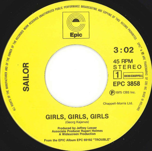 Sailor : Girls, Girls, Girls (7",45 RPM,Single,Stereo)