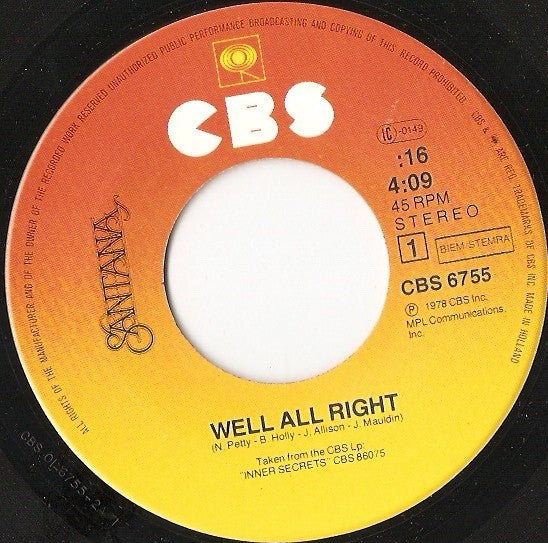 Santana : Well All Right / Wham! (7",Single)