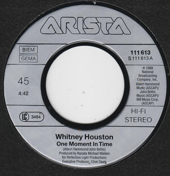 Whitney Houston : One Moment In Time (7",45 RPM,Single,Stereo)