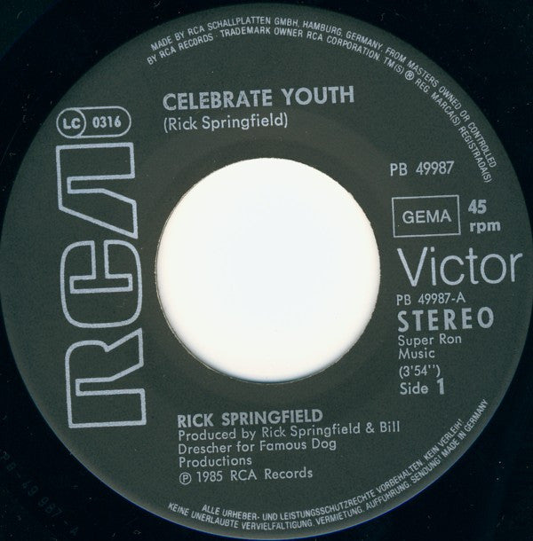 Rick Springfield : Celebrate Youth (7",45 RPM,Single,Stereo)