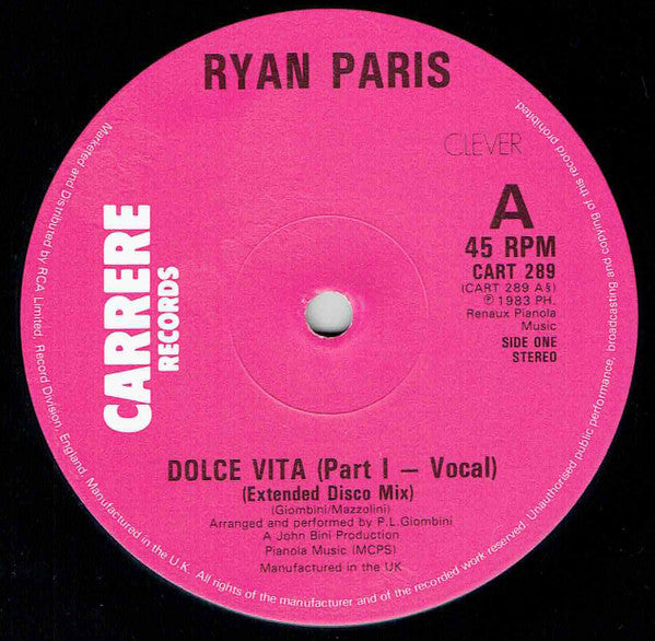 Ryan Paris : Dolce Vita (Extended Disco Mix) (12",45 RPM)