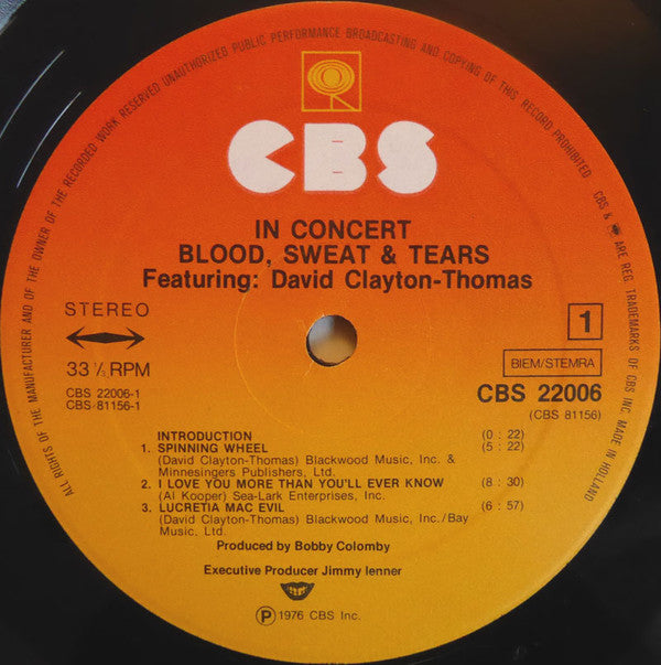 Blood, Sweat And Tears Featuring David Clayton-Thomas : In Concert (LP,Album)