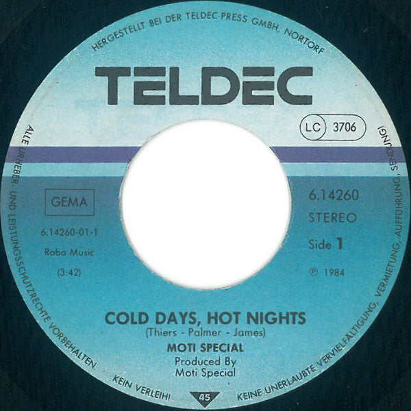Moti Special : Cold Days Hot Nights / Out Of Tune (7",45 RPM,Single,Stereo)