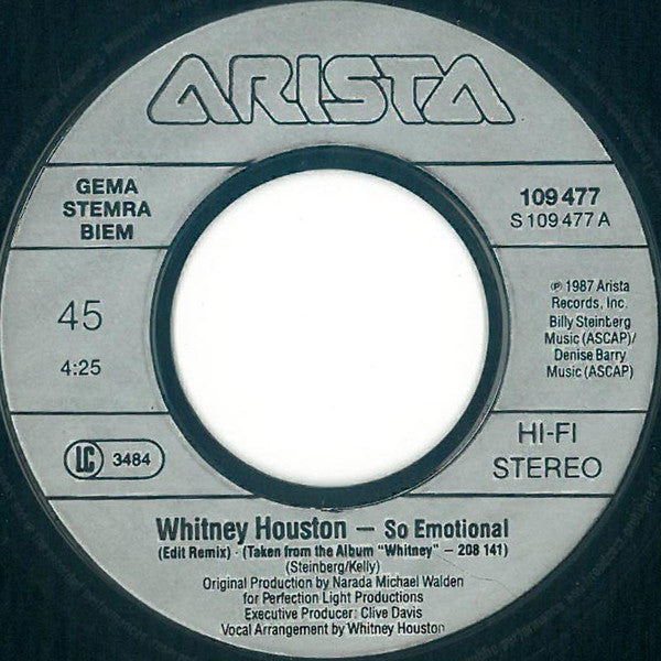 Whitney Houston : So Emotional (7",45 RPM,Single,Stereo)