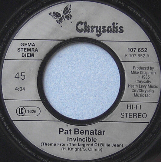 Pat Benatar : Invincible (Theme From The Legend Of Billie Jean) (7",45 RPM,Single,Stereo)