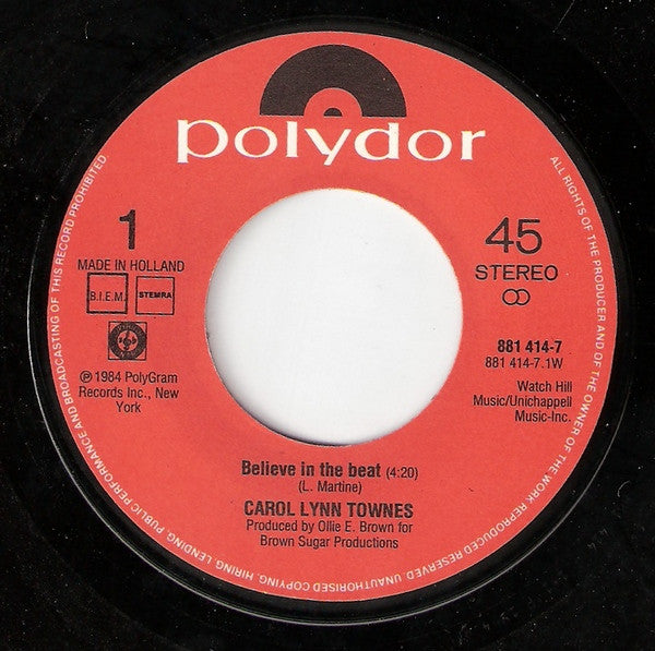 Carol Lynn Townes : Believe In The Beat (7",Single,45 RPM)