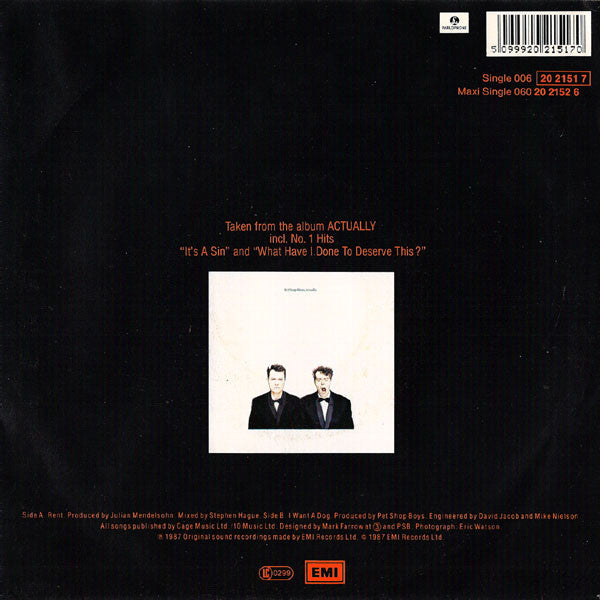 Pet Shop Boys : Rent (7",45 RPM,Single,Stereo)