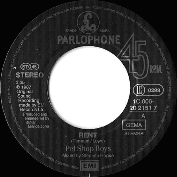 Pet Shop Boys : Rent (7",45 RPM,Single,Stereo)