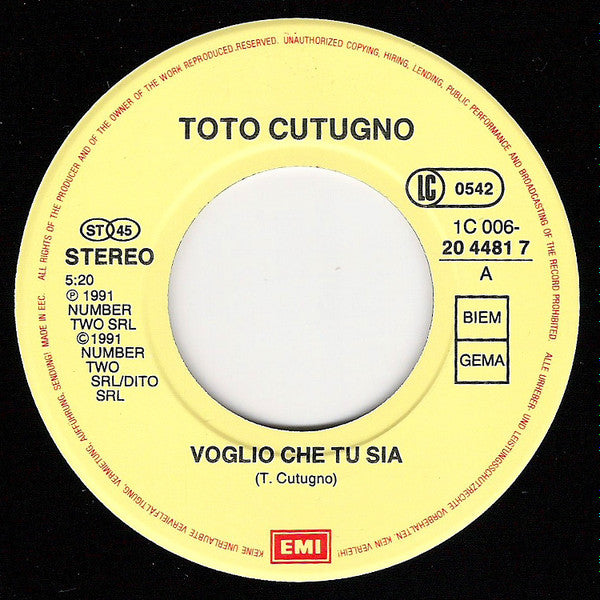 Toto Cutugno : Voglio Che Tu Sia (7",45 RPM,Single,Stereo)