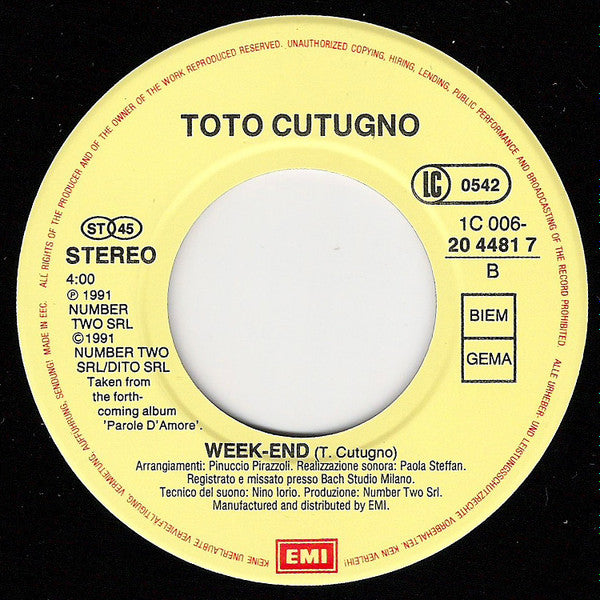 Toto Cutugno : Voglio Che Tu Sia (7",45 RPM,Single,Stereo)