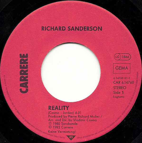 Richard Sanderson / Paul Hudson : Reality / I Can't Swim (7",Single,Mispress,Stereo)