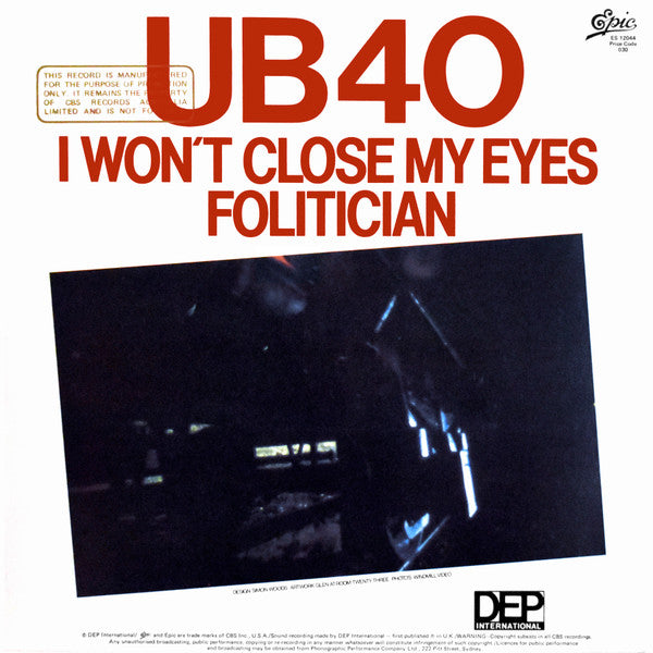 UB40 : I Won't Close My Eyes / Folitician (12",33 ⅓ RPM,Single,Promo)