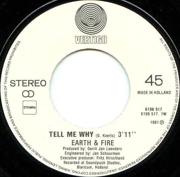 Earth And Fire : Tell Me Why (7",Single,45 RPM)