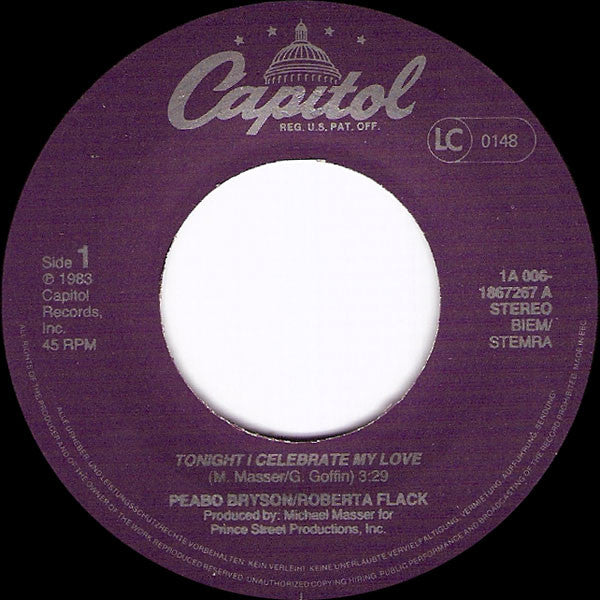 Peabo Bryson / Roberta Flack : Tonight, I Celebrate My Love (7",45 RPM,Single,Stereo)
