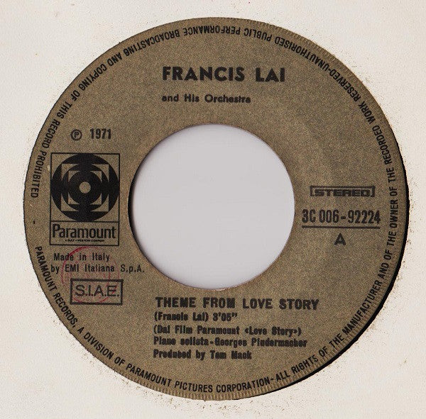 Francis Lai : Colonna Sonora Originale Love Story (7",45 RPM,Single,Stereo)