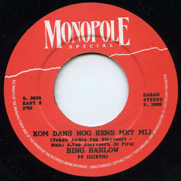 Bing Barlow : Poepemieke / Kom Dans Nog Eens Met Mij (7",45 RPM,Single)