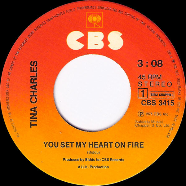Tina Charles : You Set My Heart On Fire (7",45 RPM,Single,Stereo)