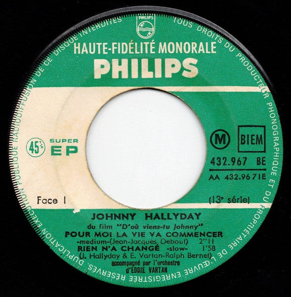 Johnny Hallyday : Pour Moi La Vie Va Commencer (7",45 RPM,EP,Mono)