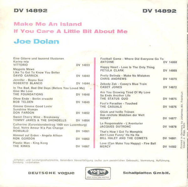 Joe Dolan : Make Me An Island (7",Single,45 RPM,Mono)