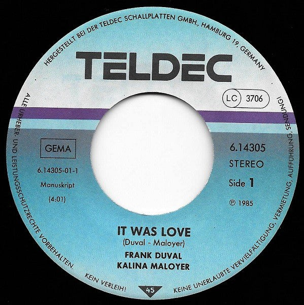 Frank Duval - Kalina Maloyer : It Was Love (7",45 RPM,Single)