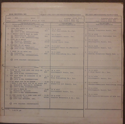 Eddy Arnold : Eddy Arnold's World Of Hits (LP,Compilation,Test Pressing)