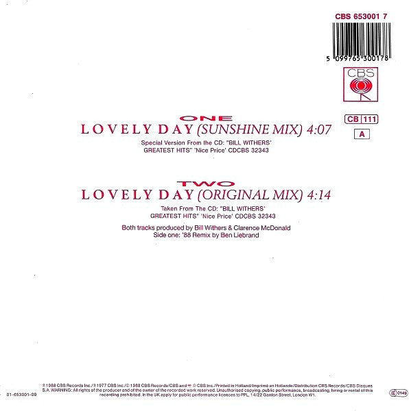 Bill Withers : Lovely Day (Sunshine Mix) (7",45 RPM,Single,Stereo)
