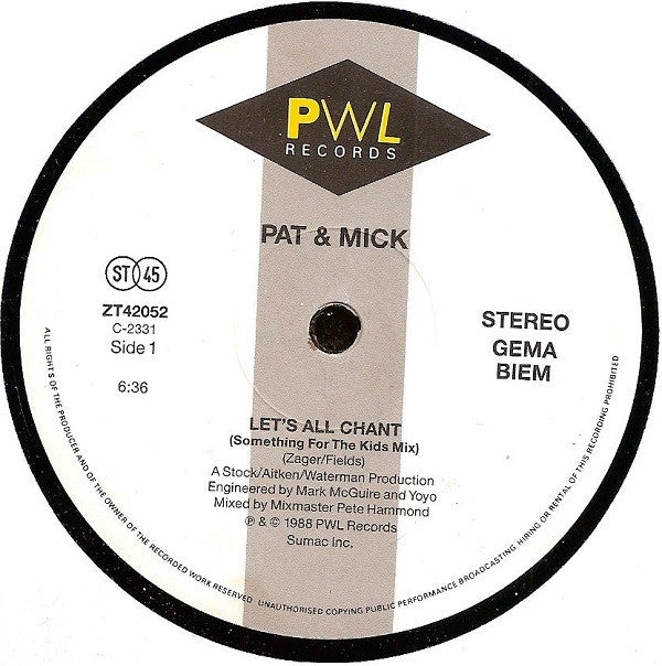 Pat & Mick : Let's All Chant (12",45 RPM,Maxi-Single,Stereo)