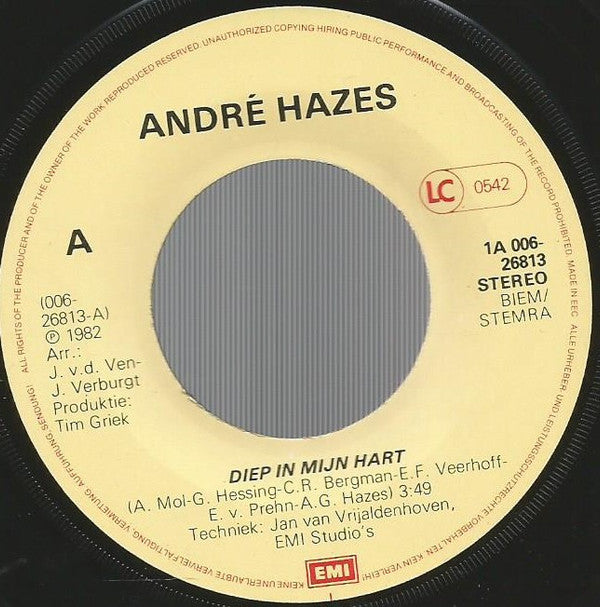 André Hazes : Diep In Mijn Hart  (7",45 RPM,Single)