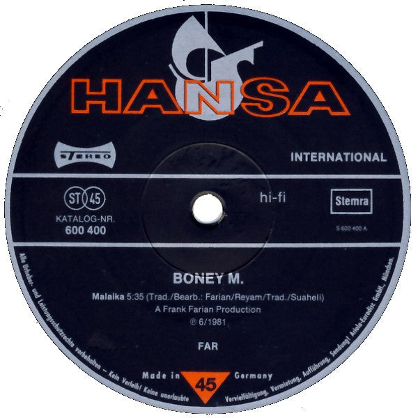 Boney M. : Malaika / Consuela Biaz (12",Maxi-Single,45 RPM)