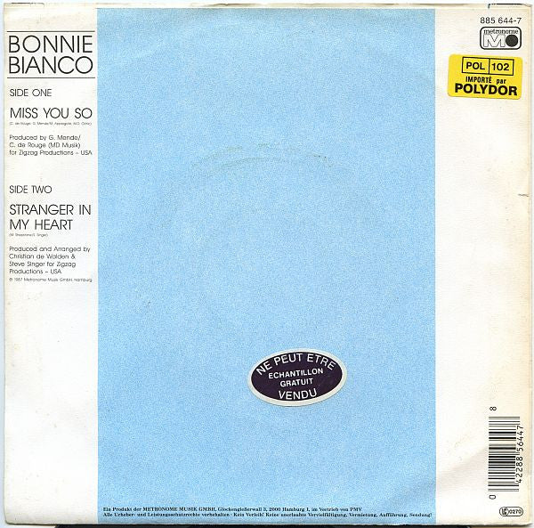 Bonnie Bianco : Miss You So (7",45 RPM,Single,Stereo)
