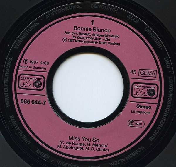Bonnie Bianco : Miss You So (7",45 RPM,Single,Stereo)