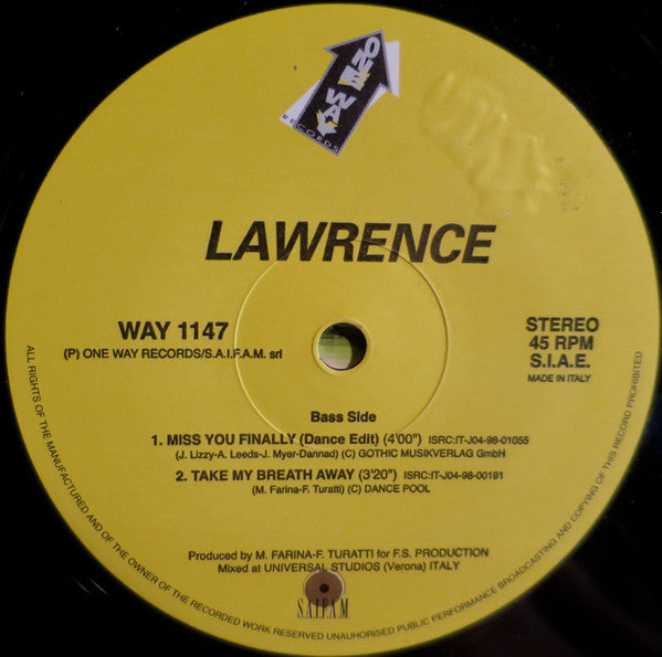 Lawrence (2) : Miss You Finally (12",45 RPM,Stereo)