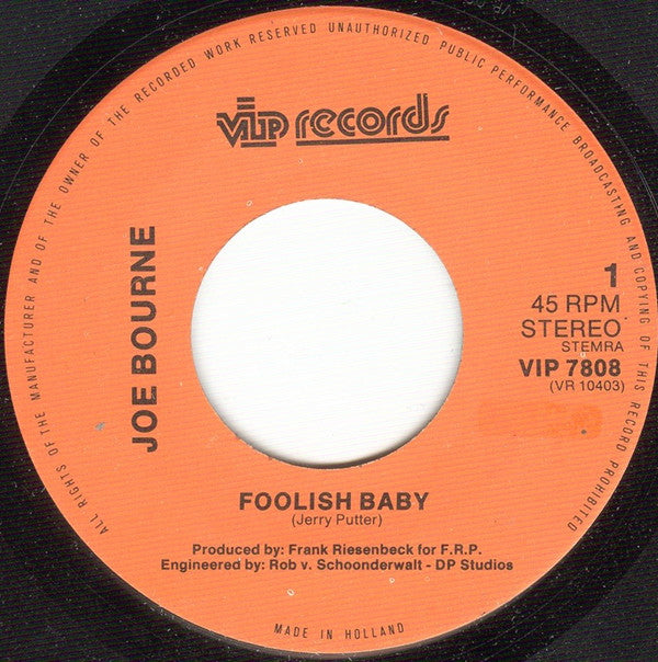 Joe Bourne : Foolish Baby (7",45 RPM,Single,Stereo)