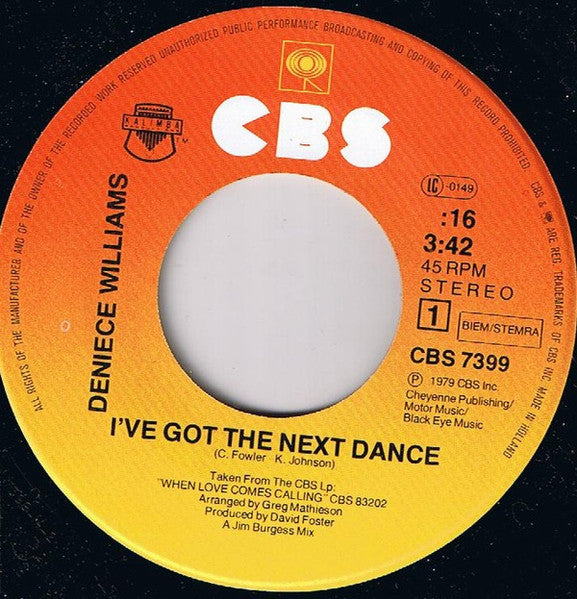 Deniece Williams : I've Got The Next Dance (7",45 RPM,Single,Stereo)